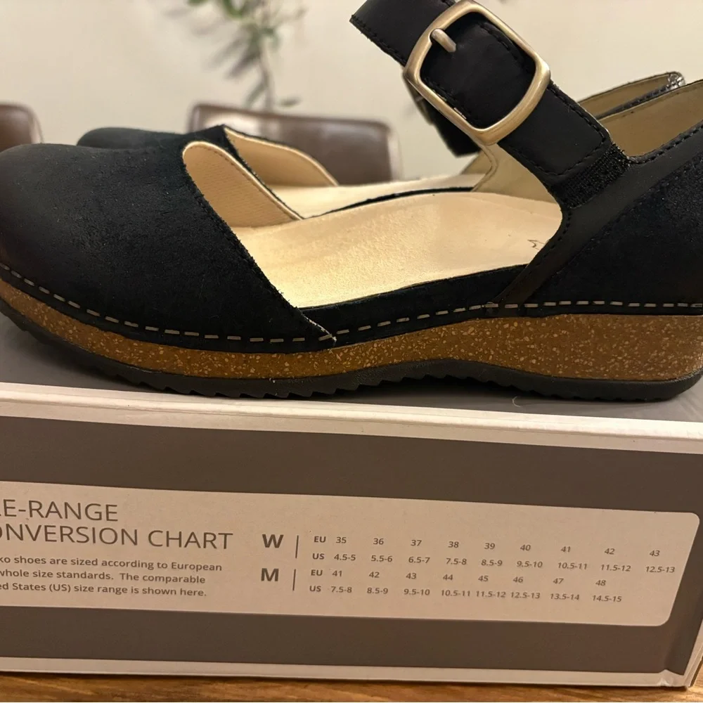 Dansko Black Buckle Strap Mae Burnished Suede wedge shoes 38 NIB - Picture 2 of 6